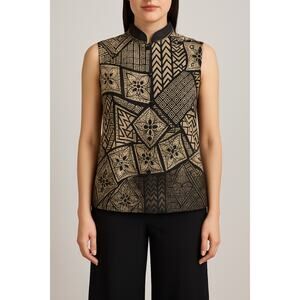 Statement Black Sheer Silk Lobster button down vest /top geometric Boho Sz-L/XL